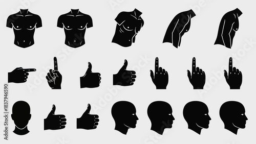 Black silhouette illustrations of human body parts and gestures on light background