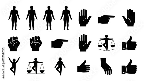 Black silhouette human body gestures and signs vector set for concepts