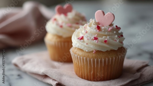 Two cupcakes on a pink napkin. the cupcakes are light orange in color and have white frosting on top. the frosting is swirled with small pink and red sprinkles.