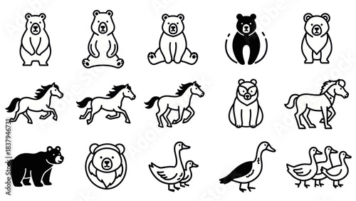 Black and white animal icons bears horses and geese silhouettes