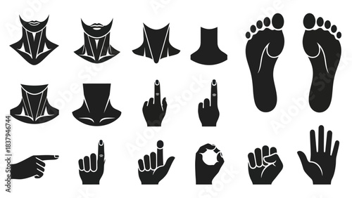Black and white vector illustration of body parts and hand gestures for design