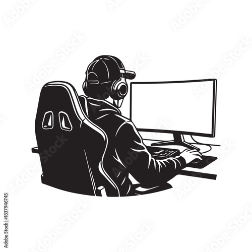 Gamer silhouette sitting at computer desk wearing headphones. Rear view of esports player or streamer vector illustration looking at monitor screen isolated on white background.
