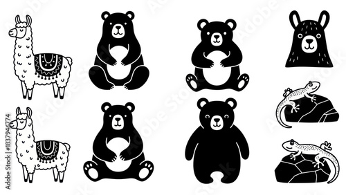 Black and white animal illustrations llama bear gecko and llama vector