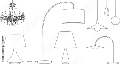 A collection of line drawing illustrations of various lamps and lighting fixtures chandelier table lamp