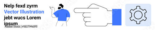 Man waving casually in blue outfit alongside giant pointing hand and gear icon symbolizing direction, teamwork, and productivity. Ideal for guidance, teamwork, instruction, workflow, service