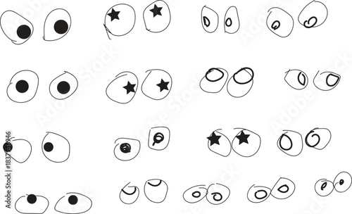 Hand-drawn cartoon eye variations with pupils and star shapes on white background
