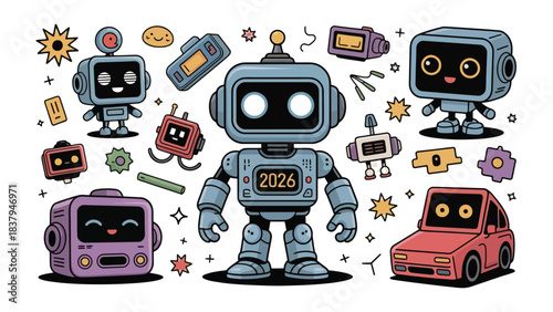 Robotic Components in a Technological Age: A collection of charming robot illustrations showcases a range of metallic components and objects. They are symbols of progress, innovation.