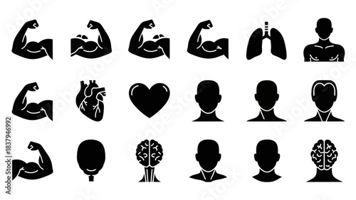 Black silhouette illustrations of human body parts and internal organs