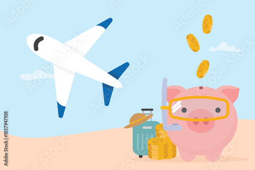 Piggy bank on tropical beach with suitcase, stacks of coin and airplane. Concepts saving money for traveling, financial management, vacation budget, travel jar, retirement investment vector illustrati
