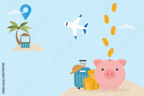 Piggy bank on tropical beach with suitcase, stacks of coin and airplane. Concepts saving money for traveling, financial management, vacation budget, travel jar, retirement investment vector illustrati
