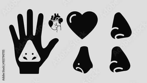Black and white vector illustration of body parts and symbols on a gray background