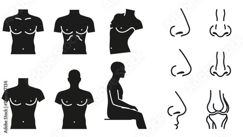Black silhouette human body parts and anatomical illustrations