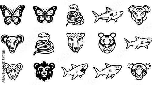 Black and white animal icons butterfly snake shark tiger leopard bear