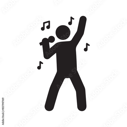 Singing person icon with microphone and musical notes. Silhouette vector illustration of a vocalist performing a song or karaoke isolated on white background.

