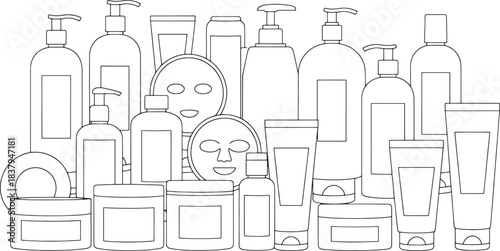 A collection of minimalist line drawing illustrations of skincare products and face masks beauty cosmetic