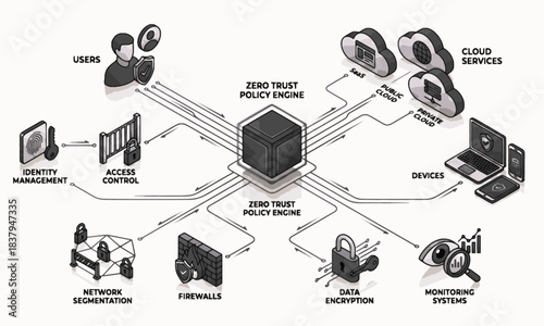 set of vector iconsBlack and white Zero Trust Architecture vector diagram showing secure network access, identity verification, segmentation, encryption, cyber defense, and data protection for modern
