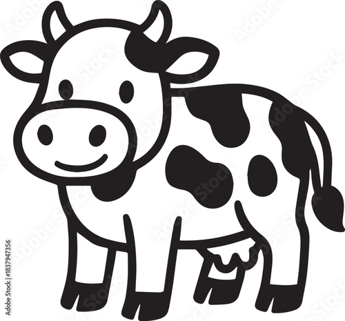 A charming illustration of a happy cow, with distinctive black and white patterns, exuding a sense of innocence and rustic charm.