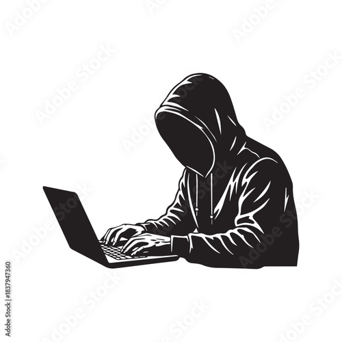 Anonymous hacker silhouette wearing a hoodie using a laptop computer. Mysterious cyber criminal or programmer typing code vector illustration isolated on white background.
