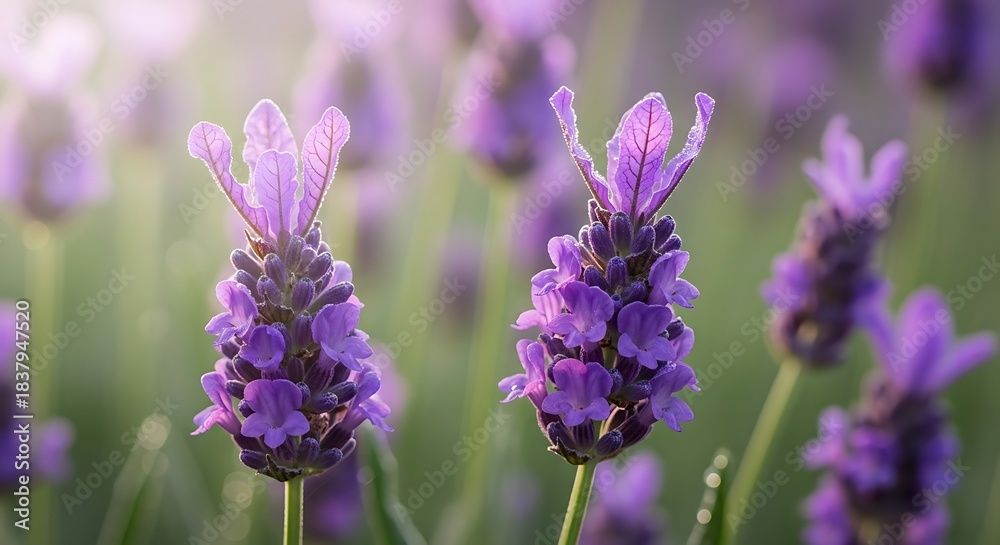Obraz premium Close-up of vibrant purple lavender flowers blooming in a sunny field.