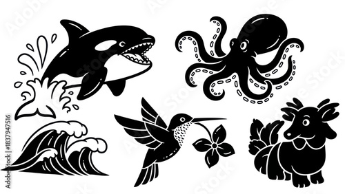 Black and white animal illustrations orca octopus hummingbird dog vector set