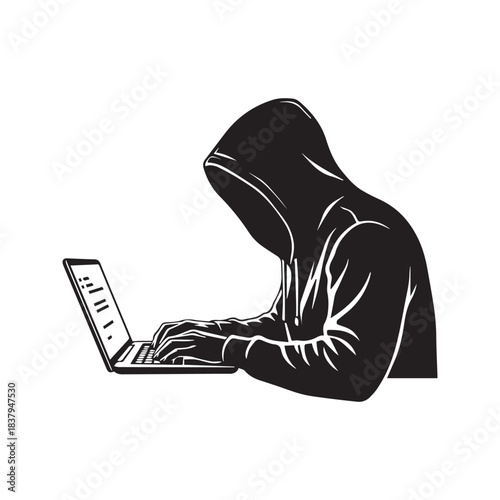 Anonymous hacker silhouette wearing a hoodie using a laptop computer. Mysterious cyber criminal or programmer typing code vector illustration isolated on white background.
