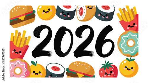 Countdown to the Future: A playful composition of animated food items creates a cheerful, delicious framing for the bold numerals of the year 2026.