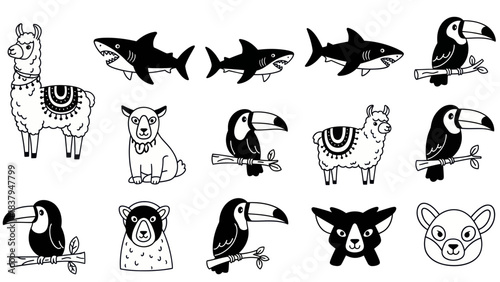 Black and white animal illustrations llama shark toucan bear sheep collection