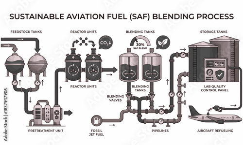 Vector diagram of sustainable aviation fuel (SAF) blending process, showing tanks, pipelines, reactor units, feedstock pretreatment, refueling systems, clean energy, low-carbon aviation, eco-friendly.