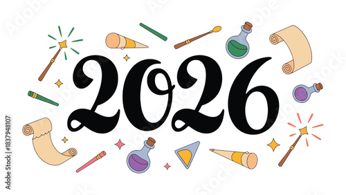 New Year 2026: An elegant visual illustration of the year 2026, surrounded by magical wands, potions, scrolls, and telescopes, representing a time of wonder, discovery, and magical possibilities.
