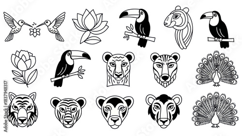 Black and white vector illustrations of various animals and floral elements