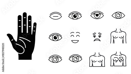 Black and white hand and eye icons illustrations set on white background