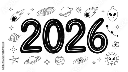 The Year 2026: An illustrated representation of the year 2026 is surrounded by celestial objects, hinting at a future filled with wonder, exploration, and the boundless possibilities of the cosmos.