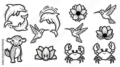 Black and white vector illustrations of various animals and plants