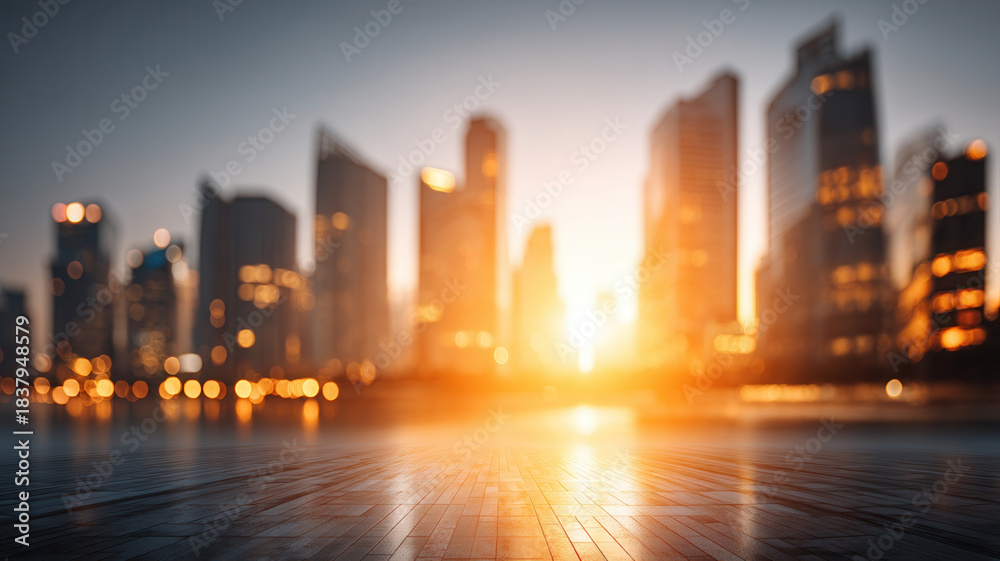 Fototapeta premium City skyline business concept sunrise with empty polished plaza and warm light creating inspiring urban atmosphere
