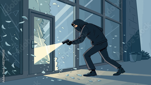 Sneaky burglar wearing black mask breaks into building through shattered glass door at night