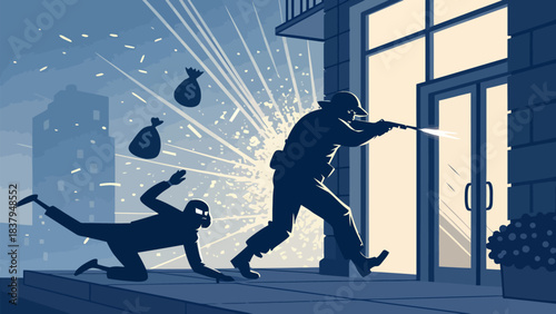 Dynamic police confrontation during nighttime bank robbery escape with falling money bags