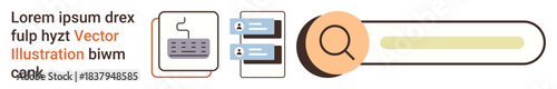 User interface, online search, data input, identity verification, digital navigation, information retrieval. Keyboard, ID cards magnifying glass and search bar. Online search and user interface