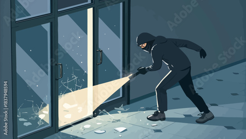 Sneaky burglar using flashlight to break into building through shattered glass door at night
