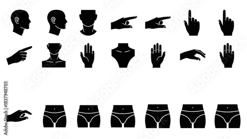 Black silhouette human body parts and hands collection isolated vector elements