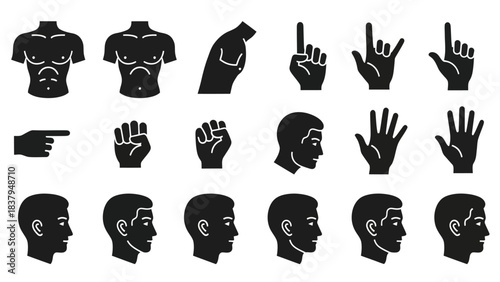 Black silhouette human body parts and hand gestures isolated vector set