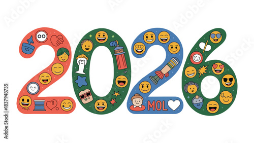 Digital Greeting: A vibrant composition featuring the year 2026, intricately adorned with a multitude of cheerful emoji. A visual spectacle of digital artistry.