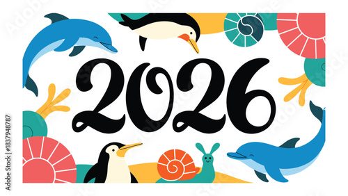 New Year's Celebration for 2026: An eye-catching illustration of the upcoming year, adorned with playful aquatic creatures, symbolizes fresh starts and the promise of a bright future.