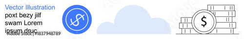 Financial trends, cloud storage, digital currency, modern banking, fintech, technology solutions. A cloud symbol, coin icon and coin stacks. Financial trends and cloud storage concept