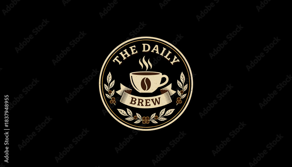 Fototapeta premium Vintage Coffee Shop Logo Badge with Cup, Beans, and Laurel Elements on Black Background