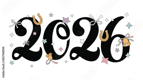 New Year 2026 Celebration: A cheerful and festive design displays the year 2026 with decorative embellishments like stars, bells, and horseshoes. Symbolizing good fortune.