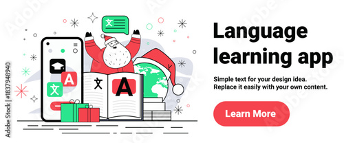 Santa language learning app Christmas New Year 2026 festive scene with Santa Claus books globe smartphone presents snowflakes modern website banner