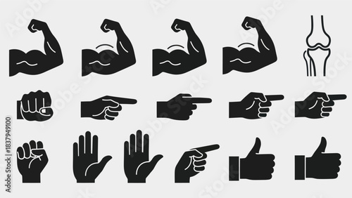 Black and white hand gestures and body parts illustrations vector set