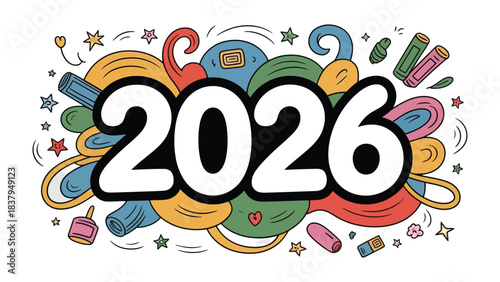 Year 2026 Illustration: Playful graphic that captures the excitement of the upcoming year, with dynamic shapes and a lively color palette, representing future prospects and the dawn of a new era.
