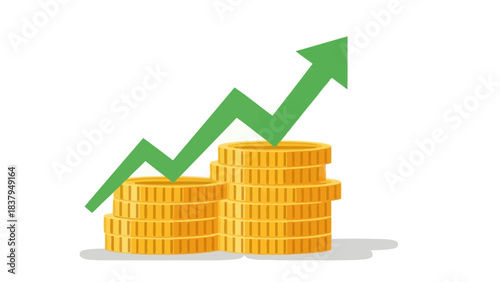 Financial growth concept with stacked gold coins and an upward green arrow illustrating business success, profit increase, and investment return