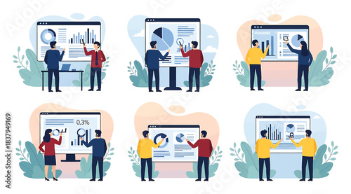 Collection of six business scenes showing professionals presenting and discussing data charts, graphs, and analytics on large screens in collaborative office settings, symbolizing teamwork and strateg